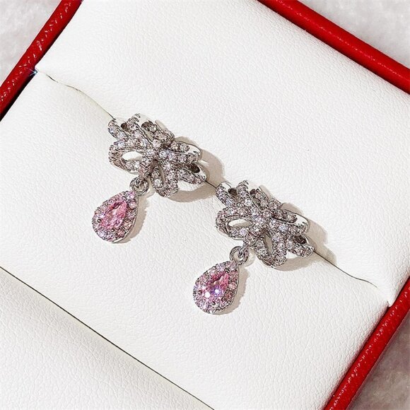 🔥 Diamond CZ Water Drop Crystal Fairy Bow Shape Earring for Women, HA4543 - Picture 3 of 5